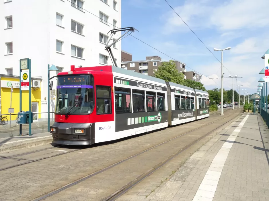 Braunschweig tram line 2 with low-floor articulated tram 9552 at Siegfriedstraße (2020)