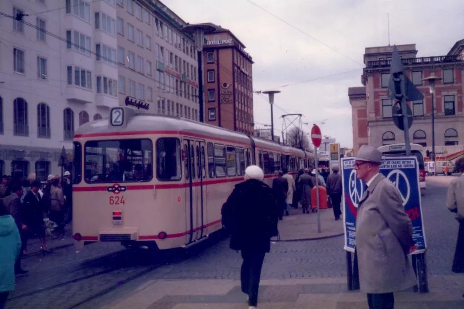 Bremen tram line 2 with sidecar 624 at Hauptbahnhof (1987)