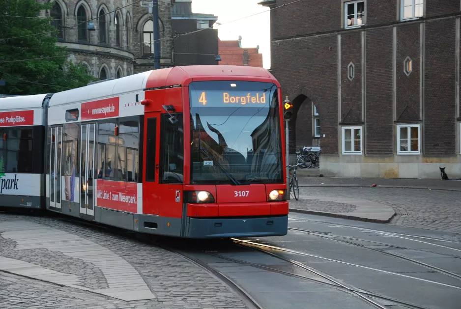 Bremen tram line 4 with low-floor articulated tram 3107 on Am Markt (2014)
