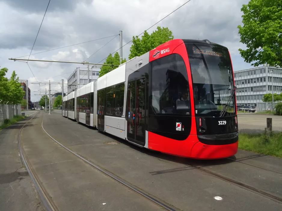 Bremen tram line 6 with low-floor articulated tram 3229 at Flughafen-Süd Neuenlander Feld (2023)