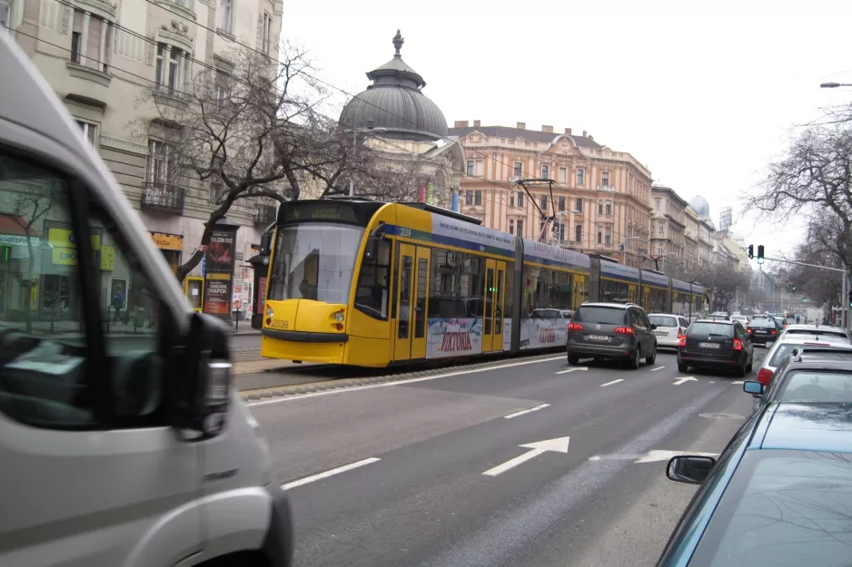 Budapest tram line 4 with low-floor articulated tram 2039 in the intersection Szent István körút/Pannónia út (2013)