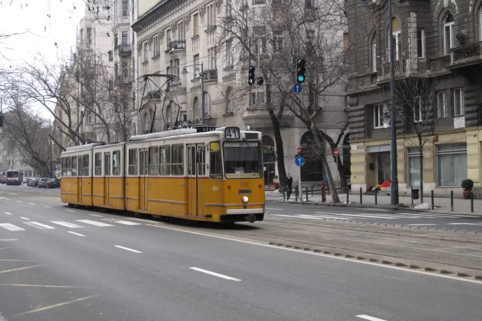 Budapest tram line 41 with articulated tram 1318 in the intersection Bartók Béla út/Orlay út (2013)
