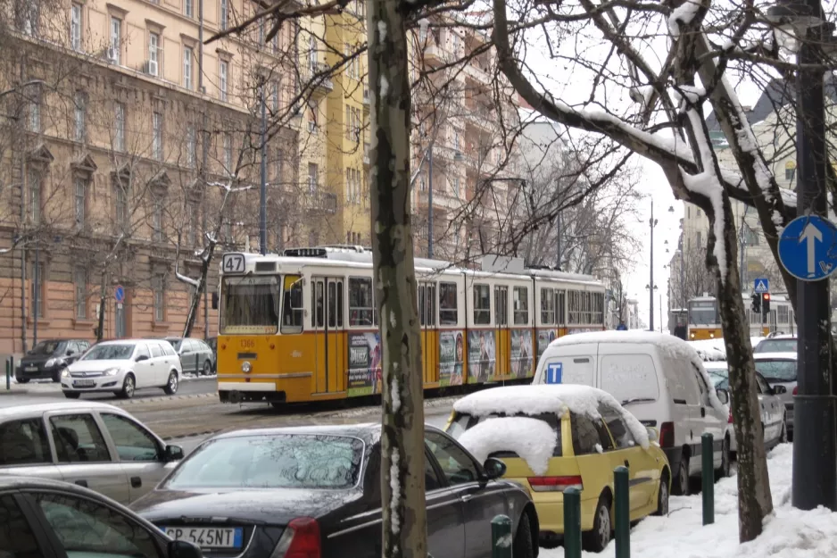 Budapest tram line 47 with articulated tram 1366 on Bartók Béla út (2013)