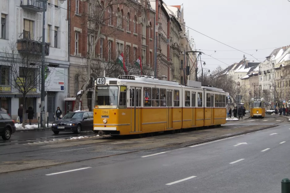 Budapest tram line 49 with articulated tram 1364 near Gárdonyi tér (2013)