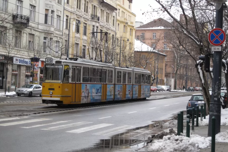 Budapest tram line 49 with articulated tram 1477 on Bartók Béla út (2013)