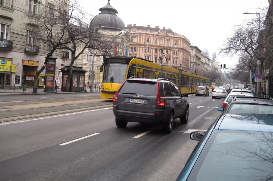 Budapest tram line 6 with low-floor articulated tram 2008 close by Jászai Mari tér (2013)