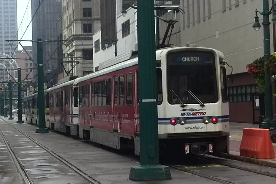 Buffalo tram line Metro Rail with articulated tram 117 on Main Street (2013)