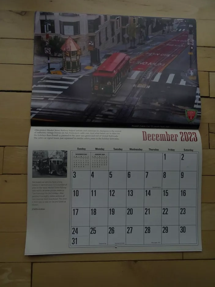 Calendar: San Francisco cable car Powell-Hyde with cable car 13 in the intersection California Street/Powell Street (2023)