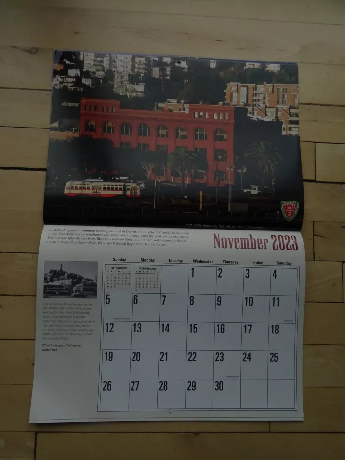 Calendar: San Francisco F-Market & Wharves with railcar 1079 near Embarcadero & Sansome (2023)