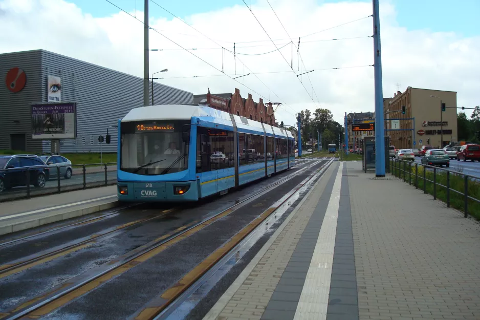 Chemnitz tram line 1 with low-floor articulated tram 610 at Industrie-museum (2015)