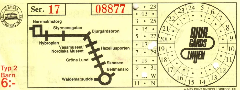 Child ticket for Djurgårdslinjen 7N, the front (1992)