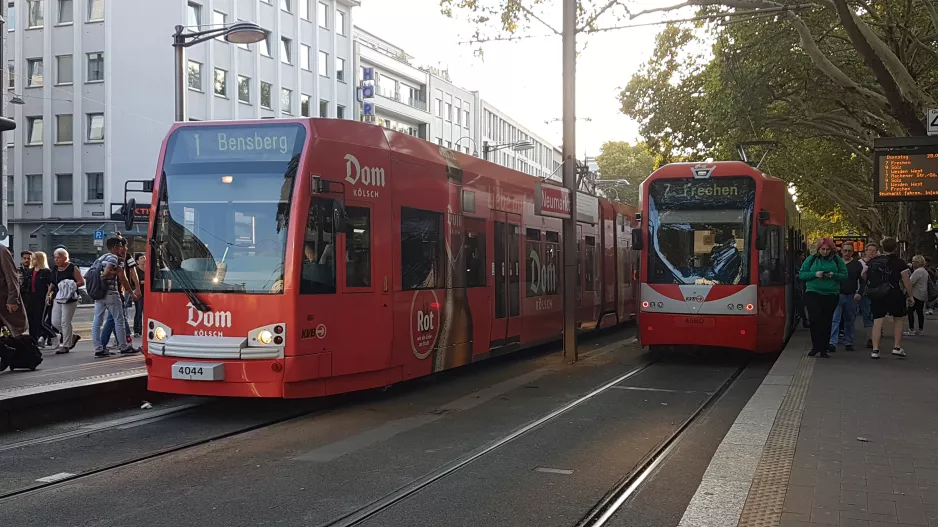 Cologne tram line 1 with low-floor articulated tram 4044 at Neumarkt (2018)