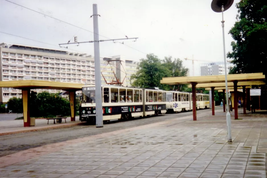 Cottbus tram line 3 with articulated tram 63 at Stadtpromenade (1993)