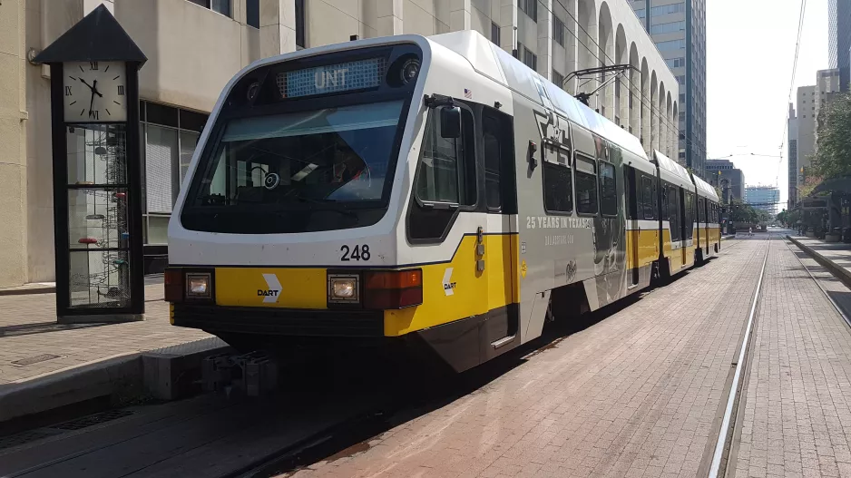Dallas Blue Line with articulated tram 248 at Akard (2018)