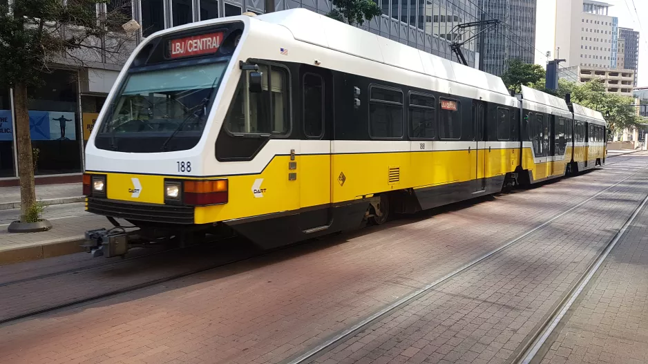 Dallas Red Line with articulated tram 188 on Bryan Street (2018)