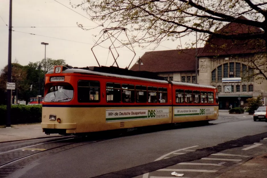 Darmstadt tram line 3 with articulated tram 97 at Hauptbahnhof (Platz der Deutschen Einheit) (1990)
