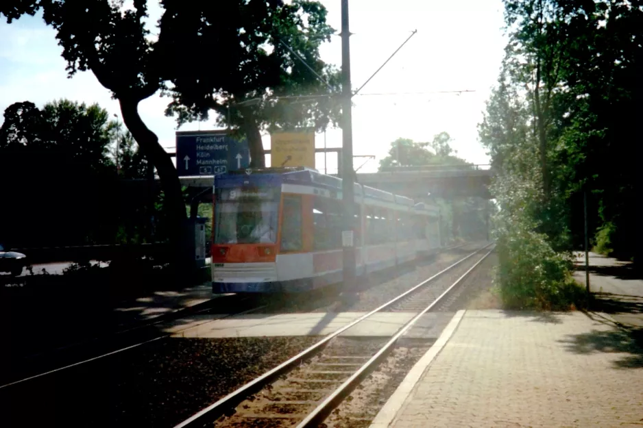 Darmstadt tram line 9 with low-floor articulated tram 9858 near Maria-Goeppert-Str. (1998)