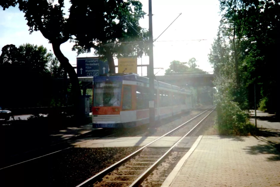 Darmstadt tram line 9 with low-floor articulated tram 9858 on Rheinstraße (1998)