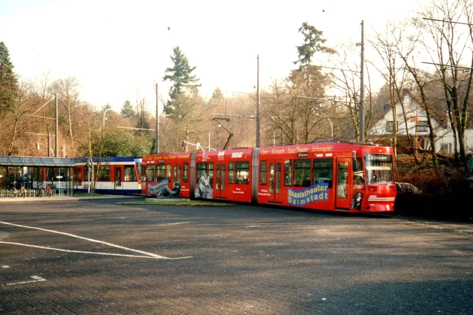 Darmstadt tram line 9 with low-floor articulated tram 9869 at Böllenfalltor (2001)
