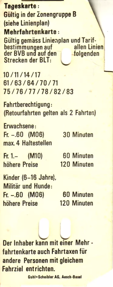 Day pass for Basler Verkehrs-Betriebe (BVB), the back (1982)