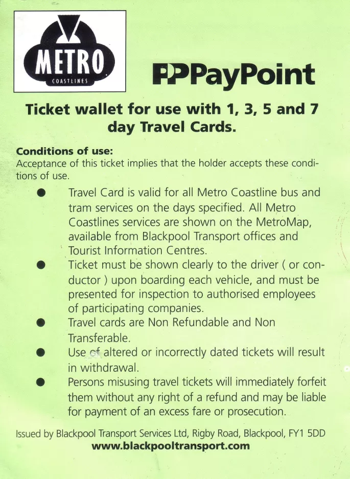Day pass for Blackpool Transport, the back (2006)
