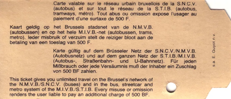 Day pass for Brussels Intercommunal Transport Company (MIVB/STIB), the back (1981)
