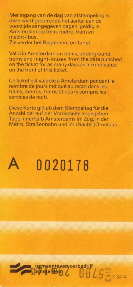 Day pass for Gemeentevervoerbedrijf Amsterdam (GVB), the back (1981)