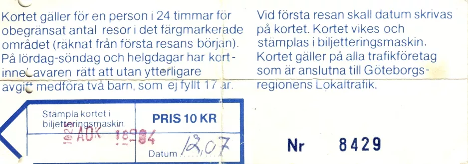 Day pass for Göteborgs Spårvägar (GS), the back (1980)