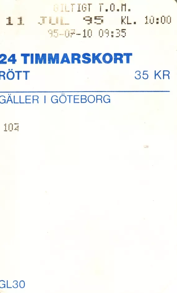 Day pass for Göteborgs Spårvägar (GS), the back (1995)