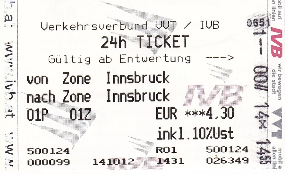 Day pass for Innsbrucker Verkehrsbetriebe (IVB), the front (2012)