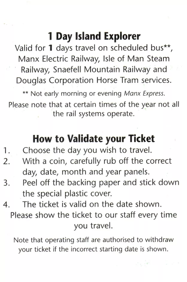 Day pass for Manx Electric Railway Society (MERS), the back (2006)