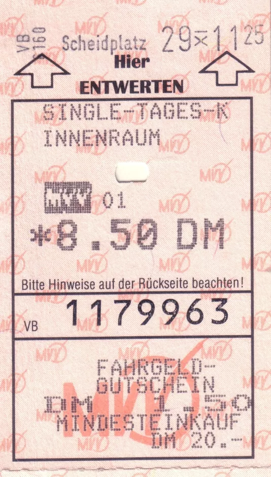 Day pass for Münchner Verkehrsgesellschaft (MVG), the front (1998)