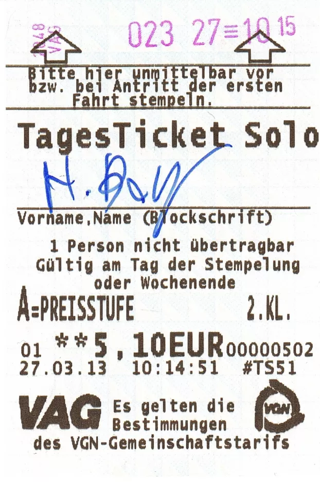 Day pass for Verkehrs-Aktiengesellschaft Nürnberg (VAG) (2013)