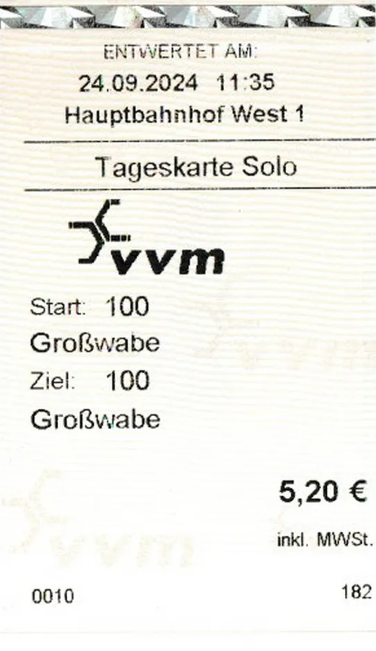 Day pass for Würzburger Versorgung und Verkehr (WVV), the front (2024)