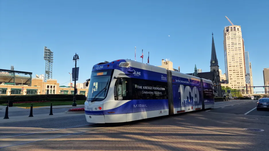 Detroit M-1 Rail with low-floor articulated tram 289 near Montcalm St (2024)