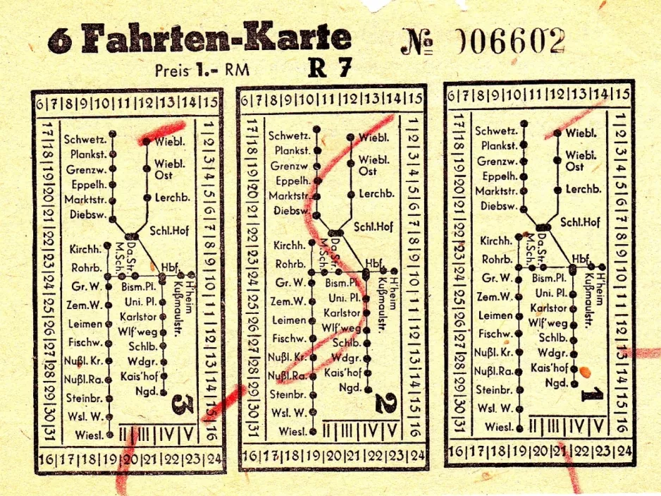Discount ticket for Rhein-Neckar-Verkehr in Heidelberg (RNV), the front (1938)