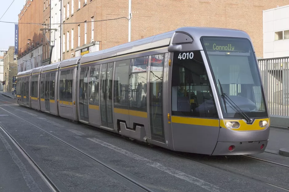 Dublin tram line Red with low-floor articulated tram 4010 on Abbey Street Upper (2011)