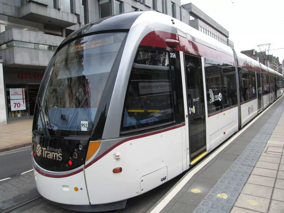 Edinburgh tram line with low-floor articulated tram 256 at Princes Street (2015)