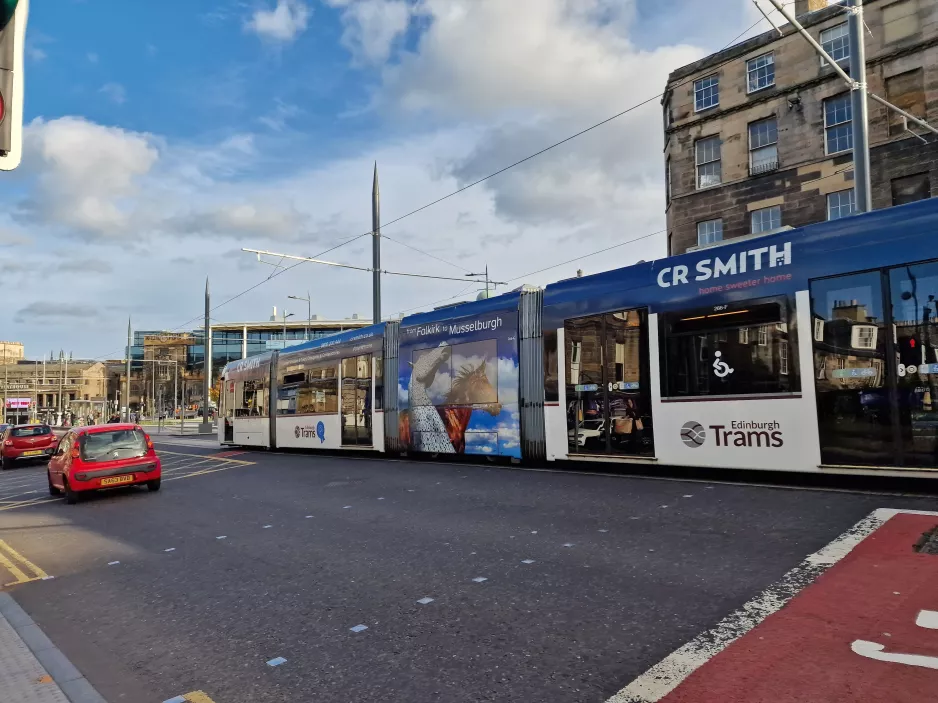 Edinburgh tram line with low-floor articulated tram 266 on York Place (2023)