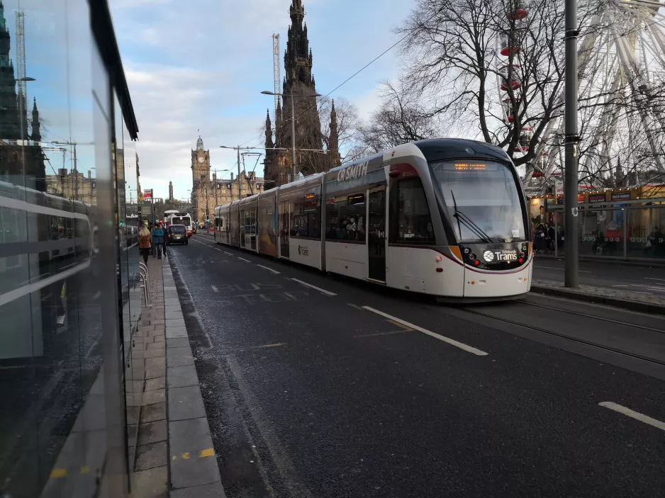 Edinburgh tram line with low-floor articulated tram 272 on Princes Street (2018)