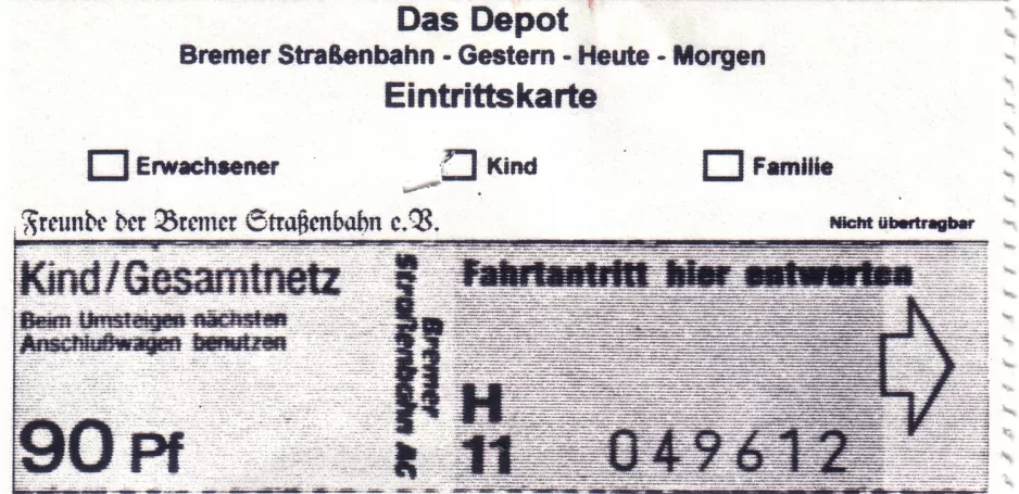 Entrance ticket for Bremen Tram Museum (Das Depot), the front (2007)