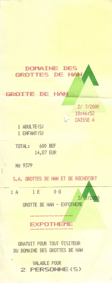 Entrance ticket for Grotte de Han (2000)