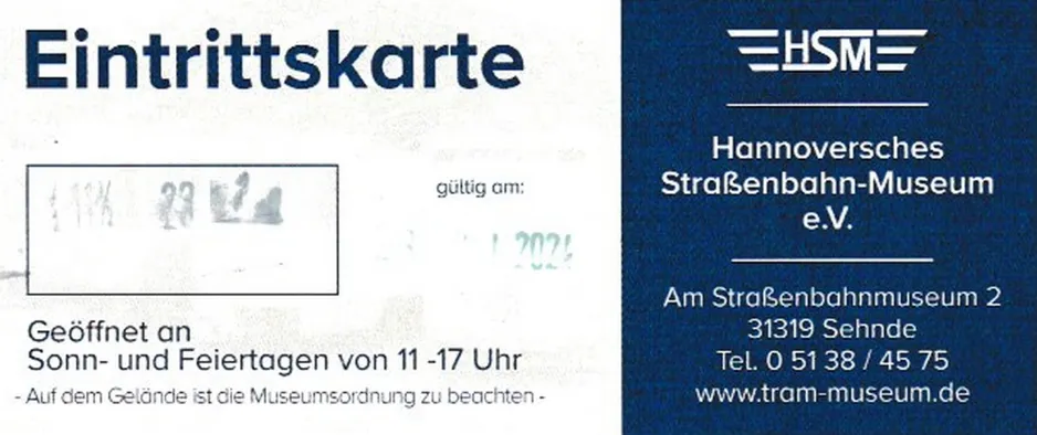 Entrance ticket for Hanover Tramway Museum (HSM) (2024)