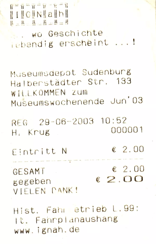 Entrance ticket for Museumsdepot Sudenburg (2003)