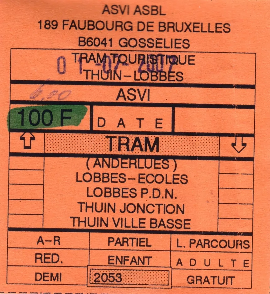 Entrance ticket for Tramway Historique Lobbes-Thuin (2007)