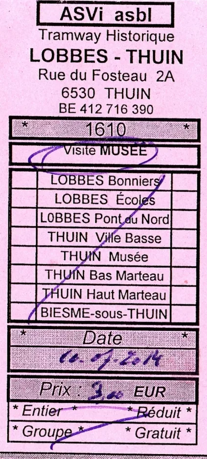 Entrance ticket for Tramway Historique Lobbes-Thuin (2014)