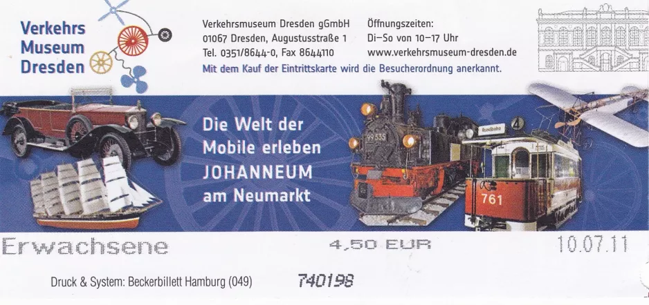 Entrance ticket for Verkehrsmuseum Dresden (VMD), the front (2011)