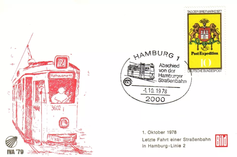 Envelope: Hamburg tram line 2 with railcar 3602 (1978)