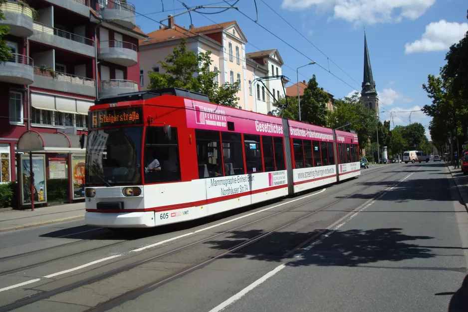 Erfurt tram line 6 with low-floor articulated tram 605 at Puschkinstraße (2014)