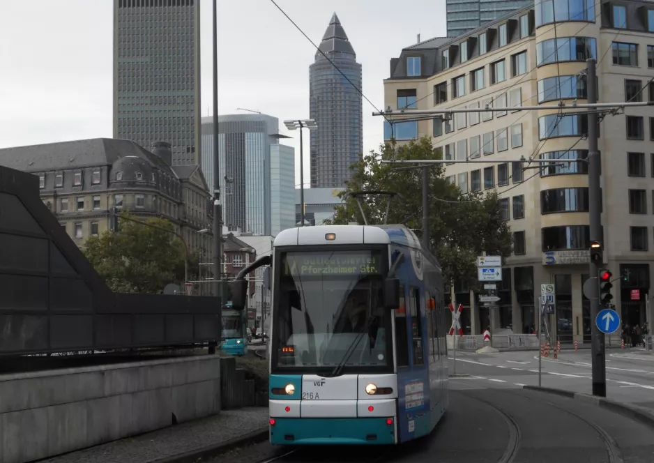 Frankfurt am Main tram line 17 with low-floor articulated tram 216 close by Hauptbahnhof (2012)